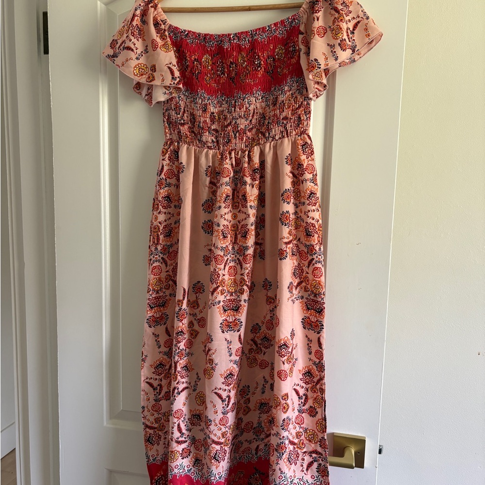 Peach Floral Smocked Maxi Dress with Red Accents